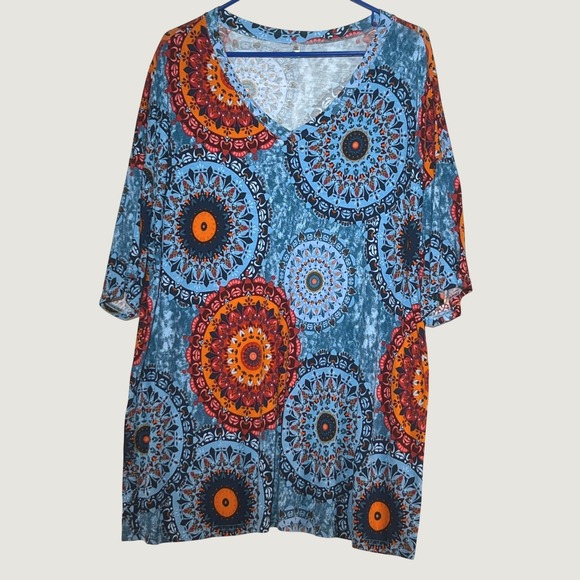 Tops - Womens Blue Orange Mandala Print V-Neck Short Sleeve Top 2XL Boho T-Shirt